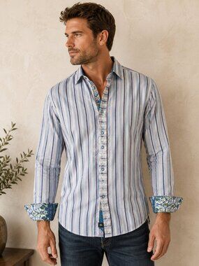 Robert Graham Ribbon Shirt Men M Blue Stripe Silk Blend Flip Cuff Luxury Y2K New